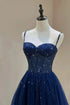 A-line Beaded Dark Blue Straps Tulle Prom Dress, Dark Blue Floor Length Evening Dress